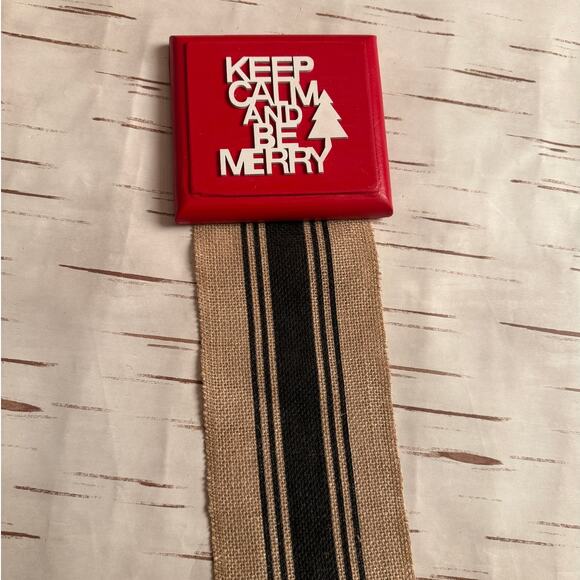 Holiday Card Holder Red Wooden Topper Keep Calm Be Merry Burlap Ribbon - Picture 4 of 5